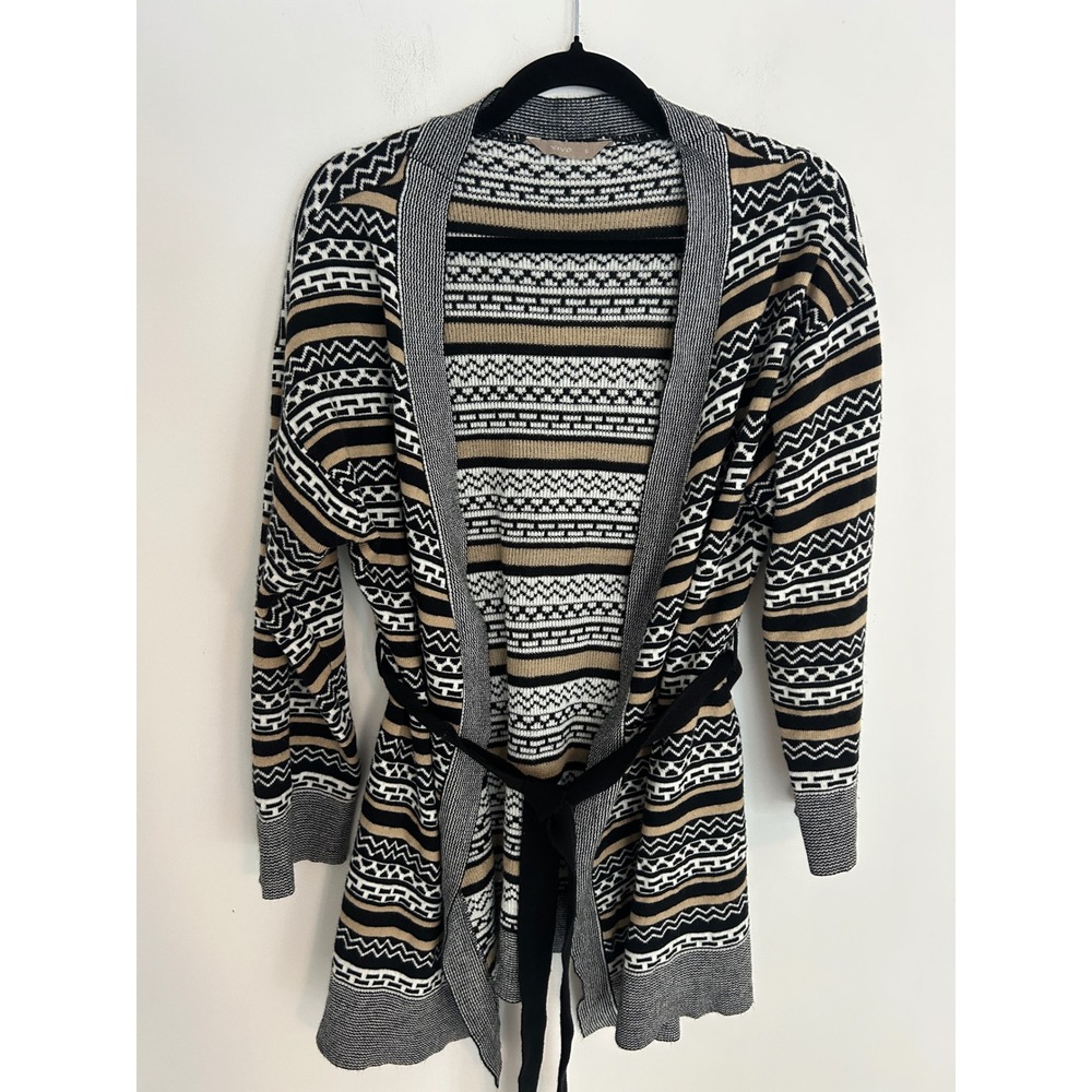 Viva Geometric Striped‎ Belted Cardigan Sweater Black Tan White Womens Large
